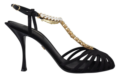 Black satin T-strap sandal shoes with clear crystal embellishments by Dolce & Gabbana, featuring a sleek and elegant design.