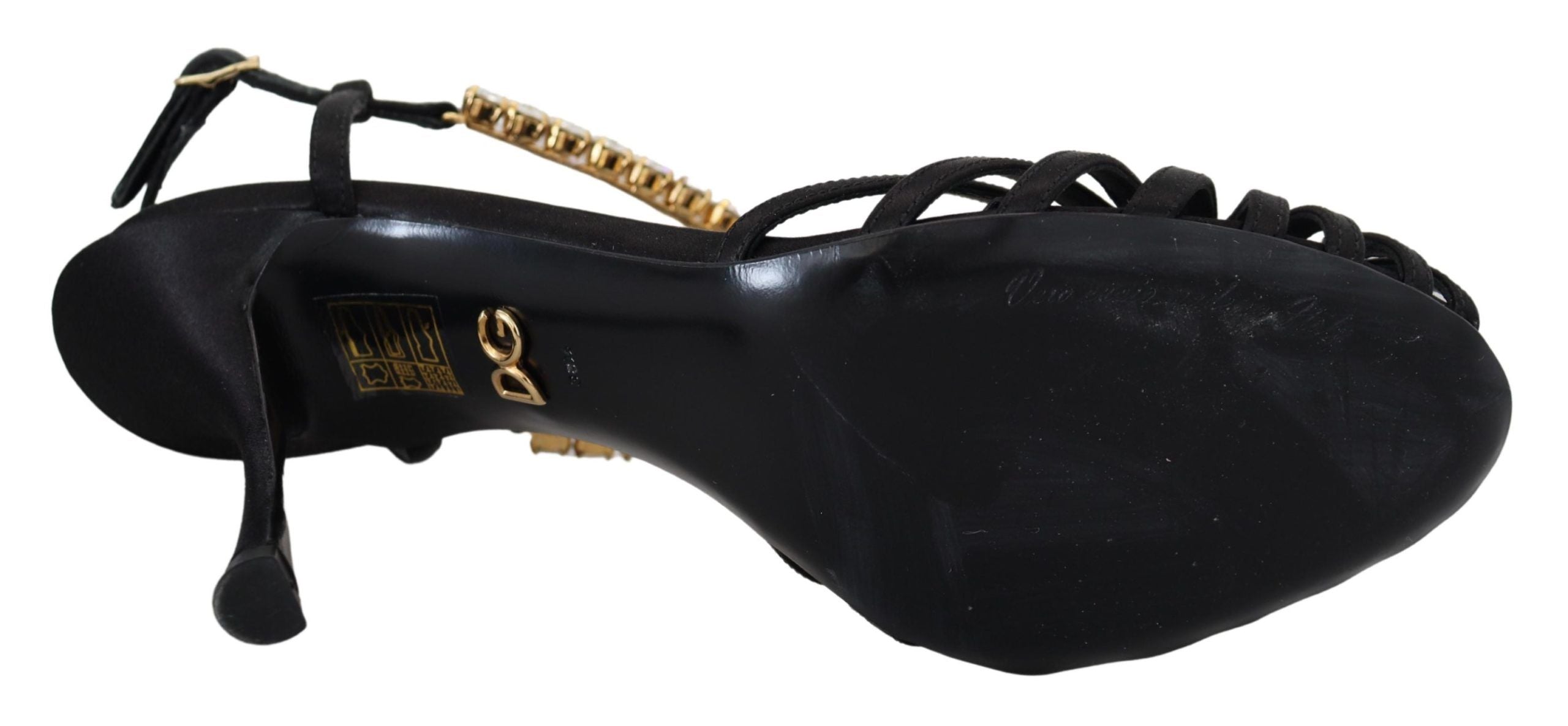 Black satin T-strap sandal shoes with clear crystal embellishments by Dolce & Gabbana, stylish and elegant footwear.