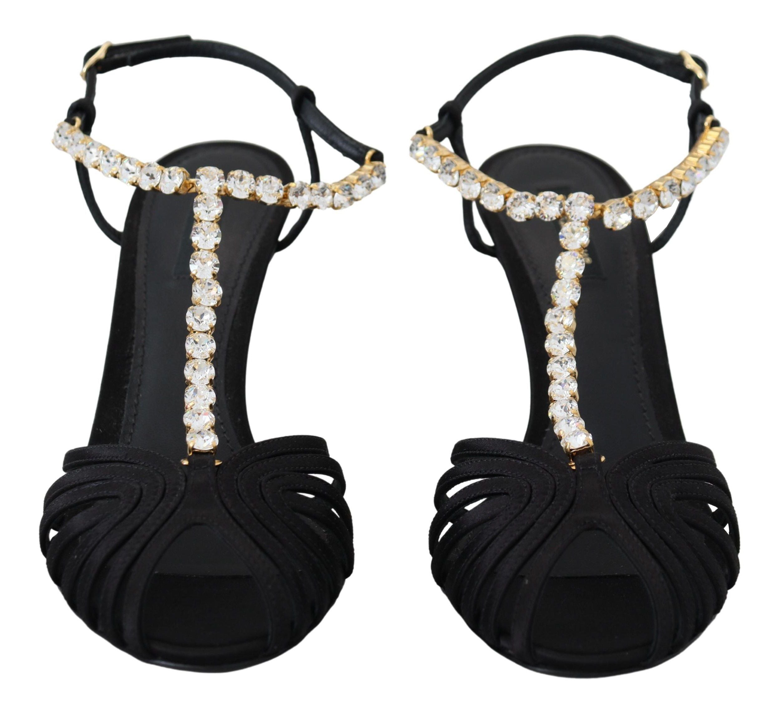 Black satin T-strap sandal shoes with clear crystal embellishments by Dolce & Gabbana