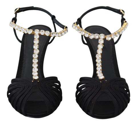 Black satin T-strap sandal shoes with clear crystal embellishments by Dolce & Gabbana