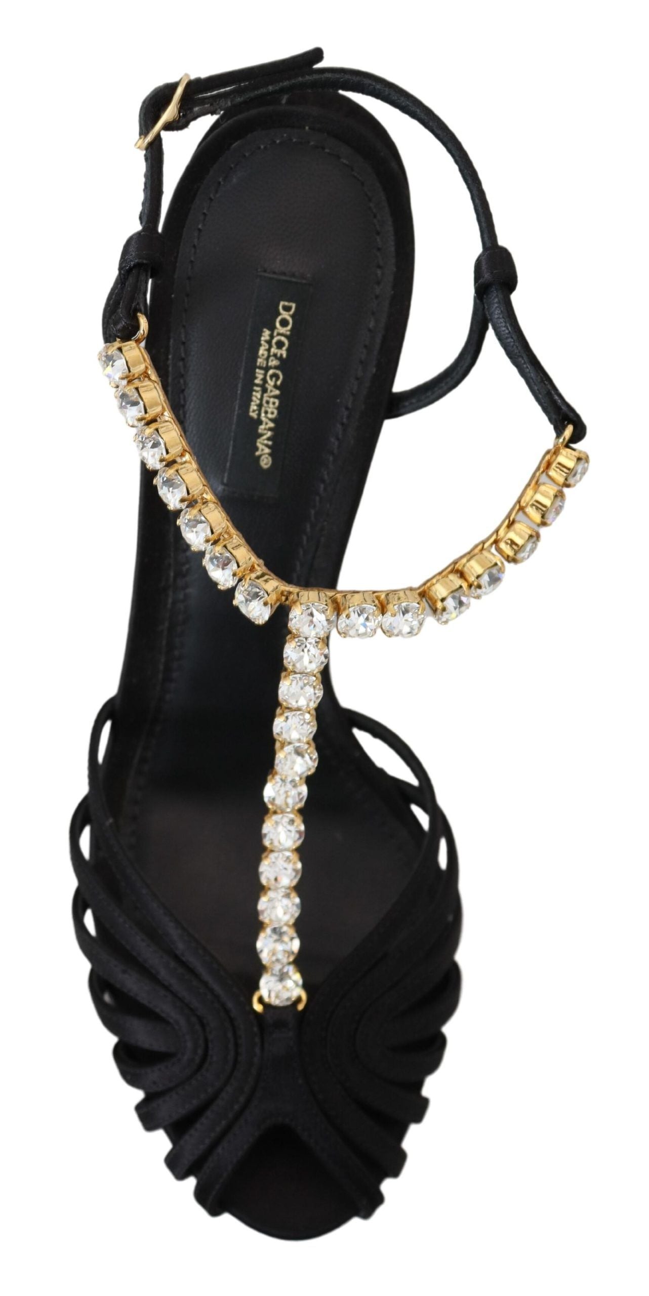 Black satin T-strap sandal shoes with clear crystal embellishments by Dolce & Gabbana, stylish and elegant footwear.