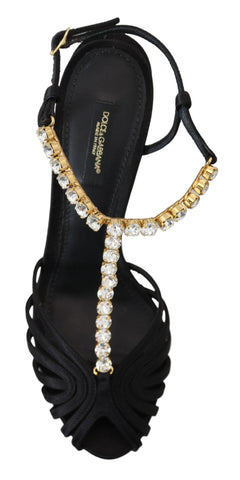Black satin T-strap sandal shoes with clear crystal embellishments by Dolce & Gabbana, stylish and elegant footwear.