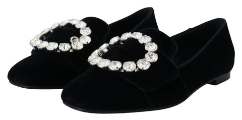 Black velvet loafers with crystal embellishments from Dolce & Gabbana, stylish flats shoes featuring a sleek design.