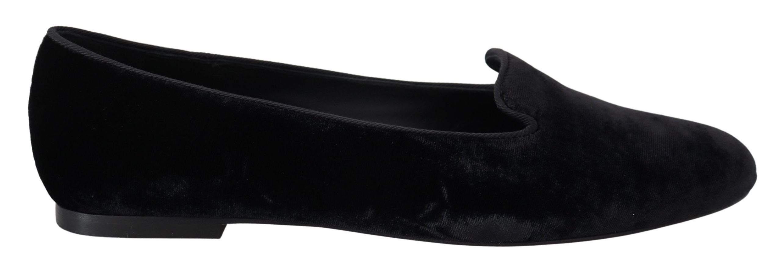 Dolce & Gabbana black velvet slip-on loafers flats shoes, stylish and comfortable footwear with a sleek design.