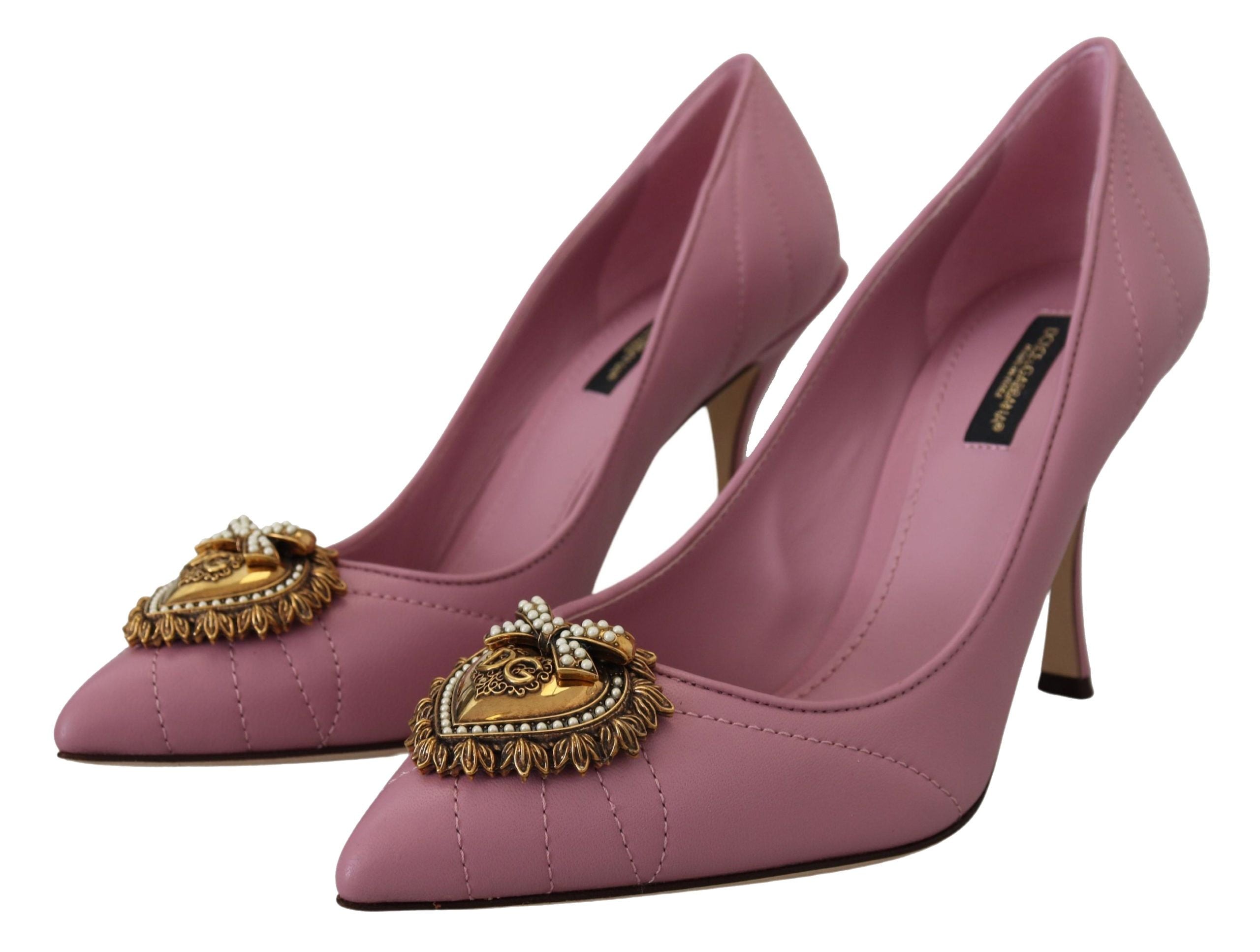 Pink leather heart-embellished DEVOTION heels by Dolce & Gabbana, stylish pump shoes with elegant design and pointed toe.