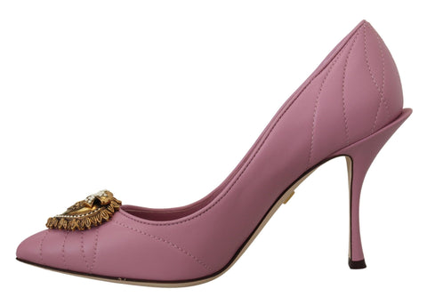 Pink leather heart-decorated DEVOTION heels by Dolce & Gabbana, stylish pumps with elegant design and pointed toe.