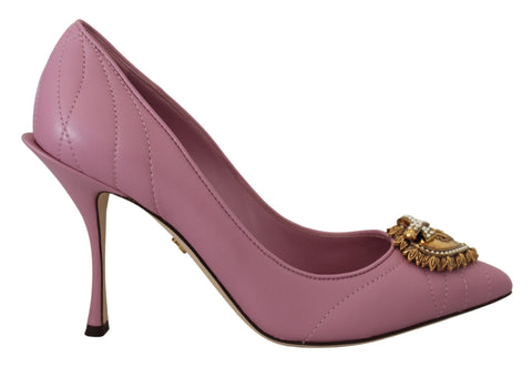 Pink leather heart-shaped heels by Dolce & Gabbana, stylish pump shoes with elegant design and pointed toes.