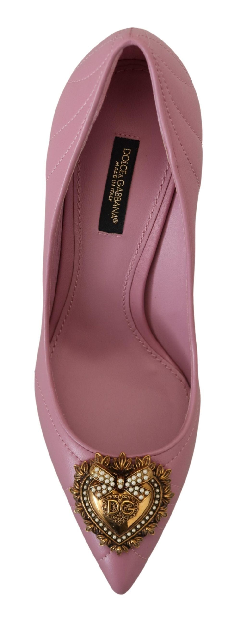 Pink leather heart-shaped devotion heels by Dolce & Gabbana, featuring elegant pump shoes with stylish design.