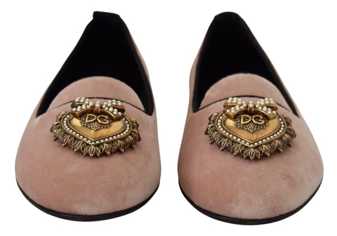 Pink velvet slip-on loafers flats shoes by Dolce & Gabbana with a sleek, stylish design and comfortable fit.