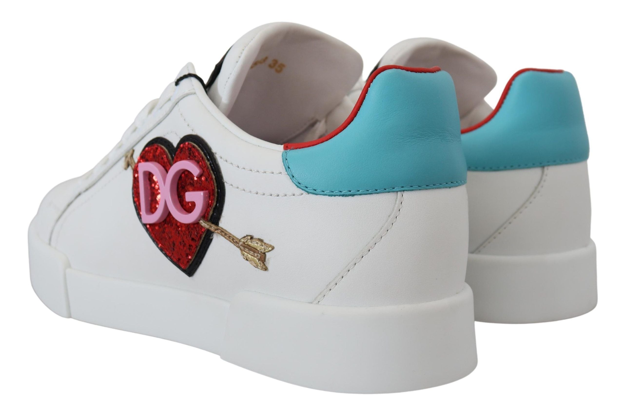 White leather sneaker with Dolce & Gabbana Portofino logo and heart detail, casual footwear with stylish design.