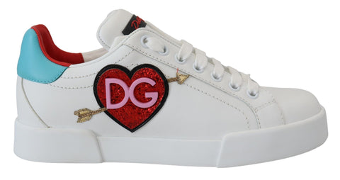 White leather sneaker by Dolce & Gabbana with Portofino logo and heart detailing, featuring a casual athletic style.