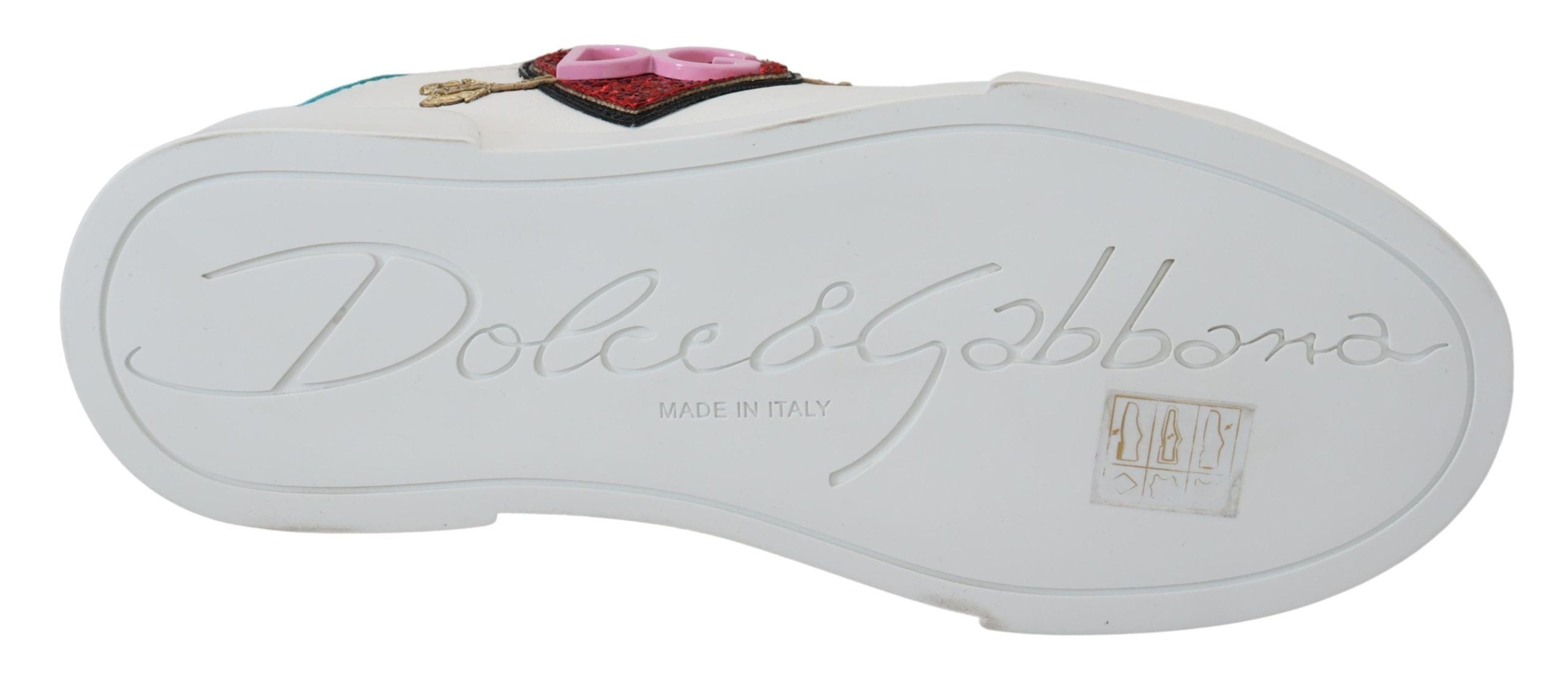 White leather sneaker with Dolce & Gabbana Portofino logo and heart detail, stylish casual footwear with a modern design.