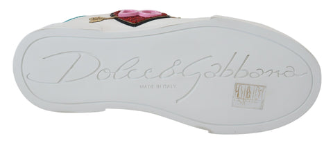 White leather sneaker with Dolce & Gabbana Portofino logo and heart detail, stylish casual footwear with a modern design.