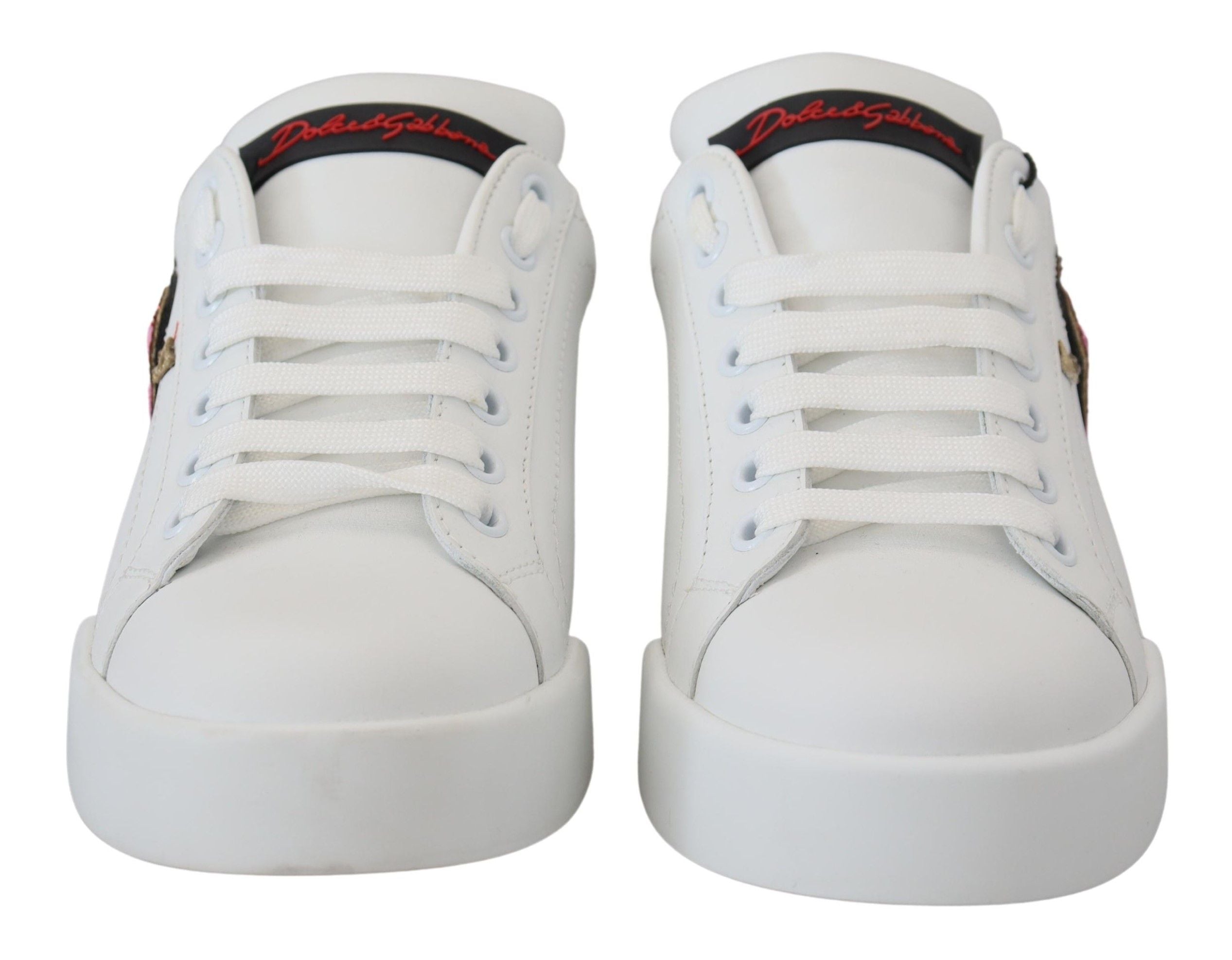 White leather sneaker by Dolce & Gabbana with Portofino logo and heart detail, featuring a sleek design and classic lace-up style.