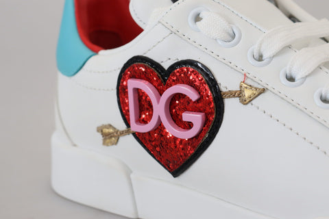 White leather sneaker with Dolce & Gabbana Portofino logo and heart detail, stylish casual shoe with clean design.