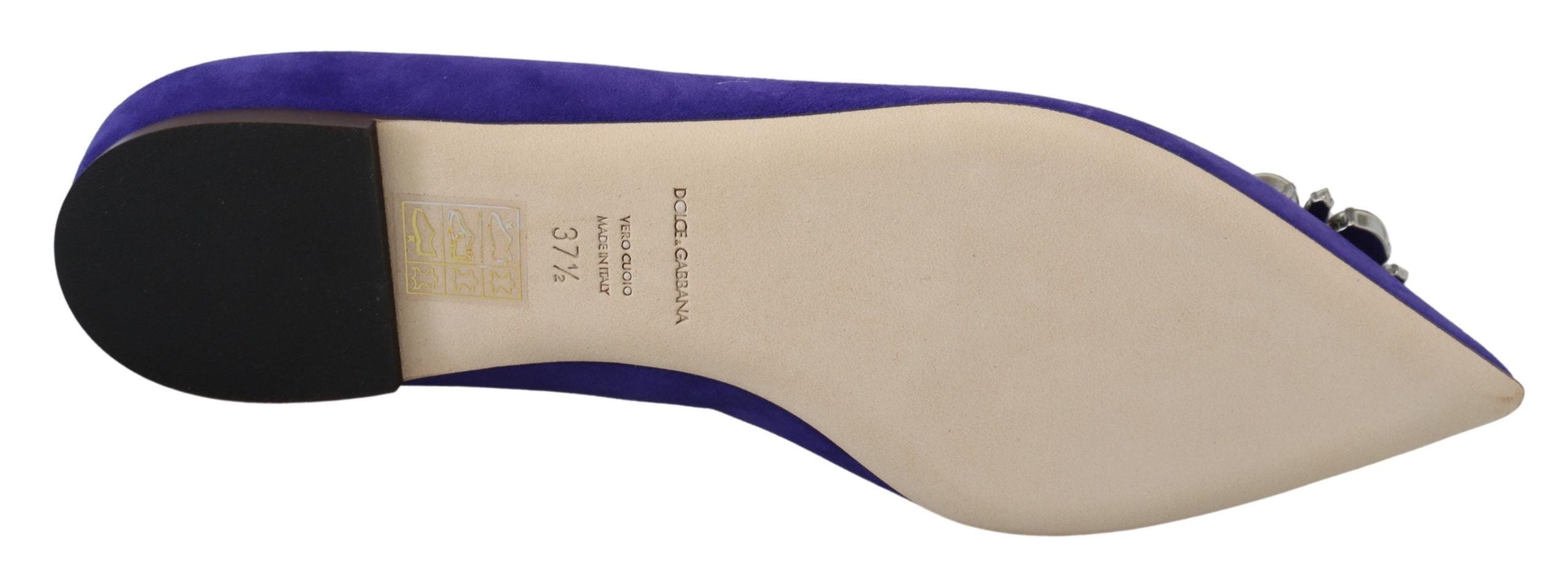 Purple suede Dolce & Gabbana loafers with crystal embellishments, flat shoes, stylish and elegant footwear.