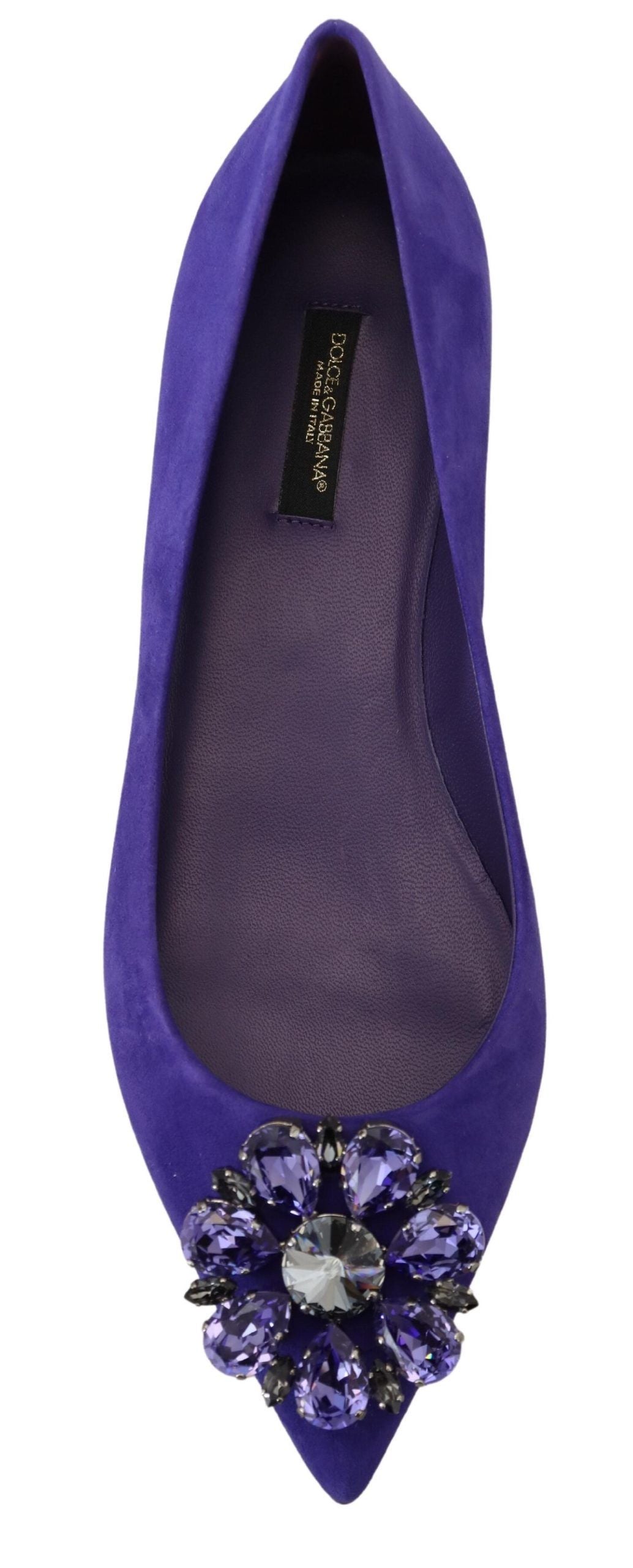 Purple suede loafers with crystal embellishments from Dolce & Gabbana, featuring a sleek flat shoe design.