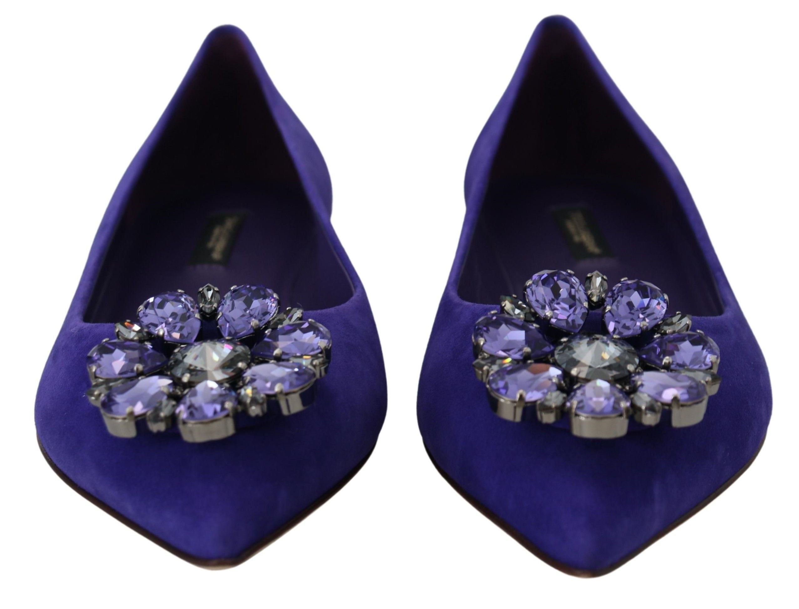 Purple suede loafers with crystal embellishments from Dolce & Gabbana, featuring a sleek flat shoe design and stylish details.