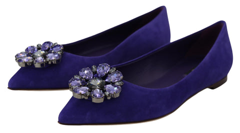 Purple suede loafers with crystal embellishments from Dolce & Gabbana, featuring a sleek flat shoe design.