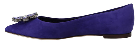 Purple suede Dolce & Gabbana loafers with crystal embellishments, flat shoes, stylish and elegant footwear for women.