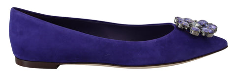 Purple suede Dolce & Gabbana loafers with crystal embellishments, flat slip-on shoes for stylish comfort.