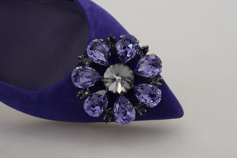 Purple suede Dolce & Gabbana loafers with crystal embellishments, featuring a classic flat shoe silhouette and elegant design.