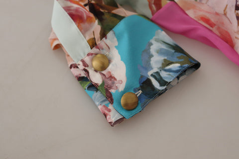 Multicolor  Floral Patchwork Design Ascot Collar Top Blouse