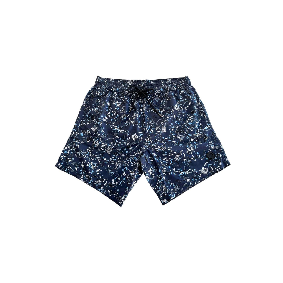 Navy Trussardi beachwear TRU25MBM09 with stylish design, displayed on a model in a beach setting, showcasing the luxury brand's style.