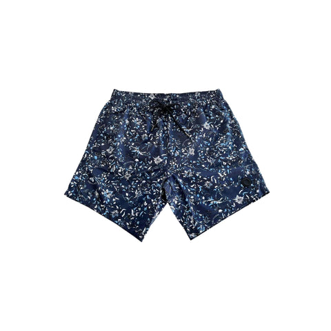 Navy Trussardi beachwear TRU25MBM09 with stylish design, displayed on a model in a beach setting, showcasing the luxury brand's style.