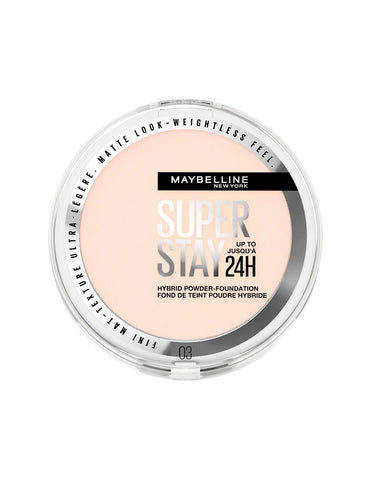 Maybelline Superstay 24h Hybrid Powder Foundation in shade 03, compact with smooth pressed powder for long-lasting coverage.
