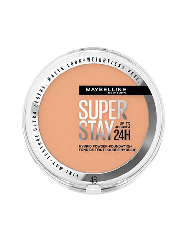 Maybelline Superstay 24h Hybrid Powder Foundation in shade 48, 9g, displayed in a compact with a mirror and applicator.