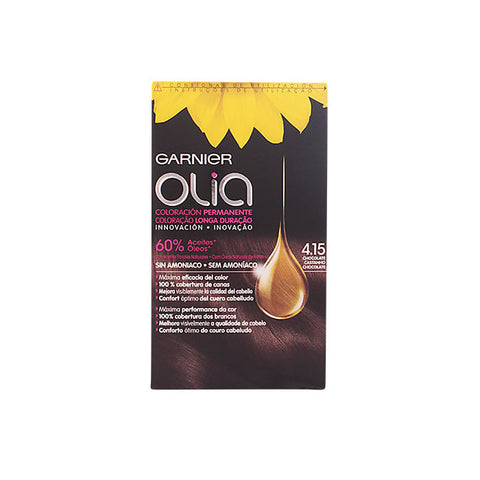 Jag Couture London - New York Garnier Olia permanent hair color 4.15 Chocolate, showing the vibrant hair dye bottle and packaging.