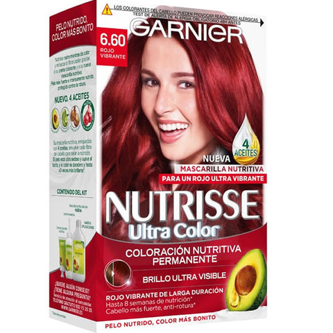 Garnier Nutrisse 6.60 Rojo Intenso hair dye in a box, featuring vibrant red color and brand logo, with hair color swatch.