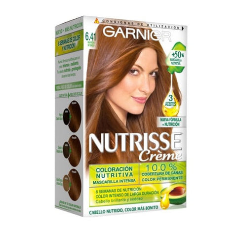 Garnier Nutrisse Crème nourishing hair color in 6.41 Intense Brown, showcasing the rich brown shade in a hair dye product image.
