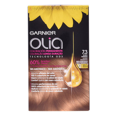 Garnier Olia permanent hair dye in 7.3 Golden Dark Blonde, shown in a bottle with the brand logo and hair color swatch.