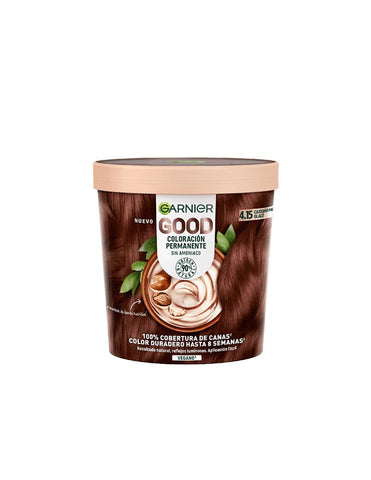Garnier Good Color permanent hair dye in shade 4.15 Castaño Glacé, featuring the Jag Couture London - New York branding.
