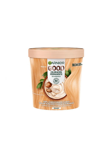 Jag Couture London New York Garnier Good Color Permanent Hair Dye 10,14 Rubio Camomila, shown in the image.
