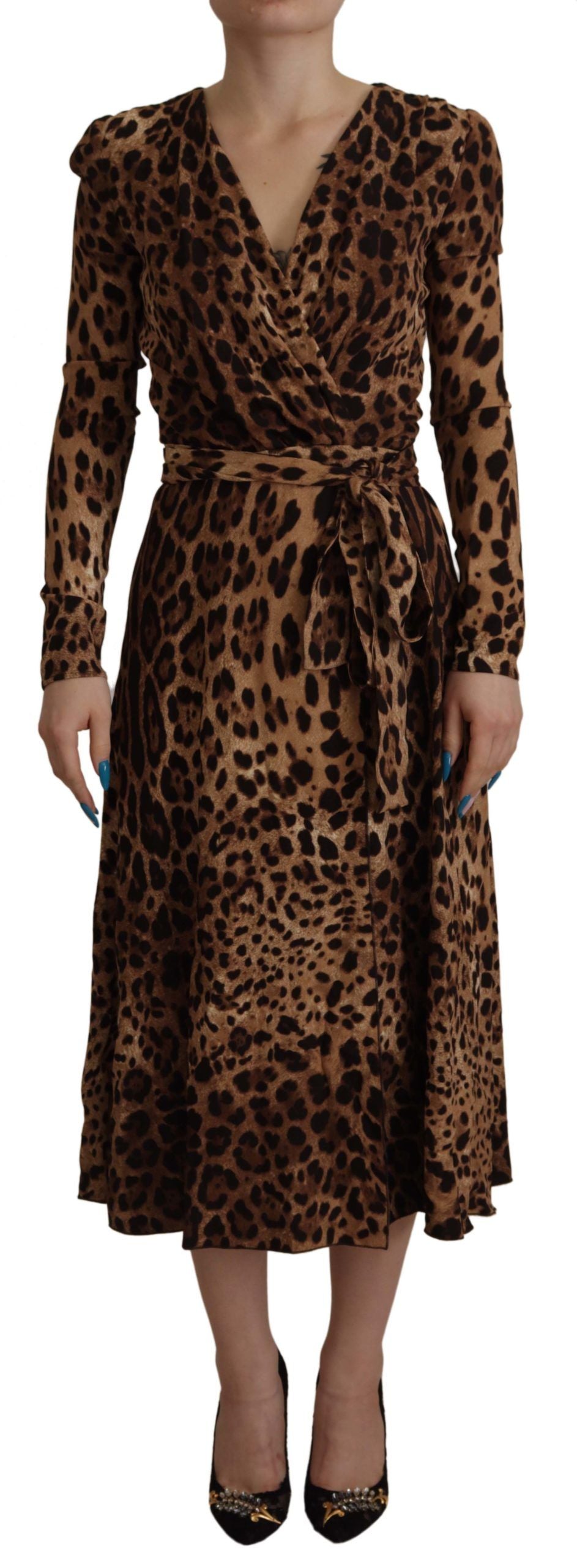 Brown leopard print Dolce & Gabbana wrap A-line maxi dress made of viscose, shown from the front with a fitted waist and flowing skirt.