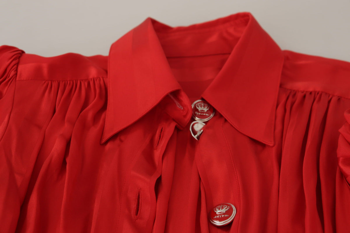 Red satin midi dress with button-down front and belt, designed by Dolce & Gabbana, shown from a front angle.