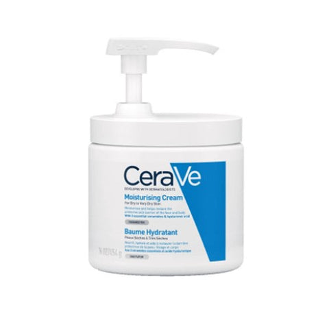 Cerave Moisturising Lotion 454g in a pump bottle, suitable for dry skin, with smooth, creamy texture and clean design.