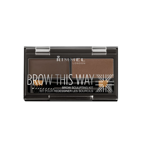 Rimmel Brow This Way eyebrow sculpting kit in dark brown with brushes and powders, designed for shaping and defining eyebrows.