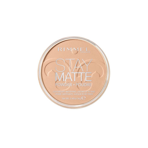 Rimmel Stay Matte Pressed Powder in 005 Silky Beige, natural beige face powder with matte finish, displayed in compact case.