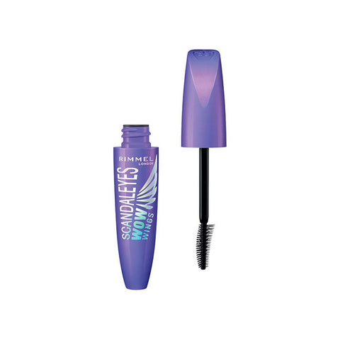 Rimmel London Scandaleyes Wow Wings mascara in black, 12ml, with a brush showing thickening and winged lash effect.