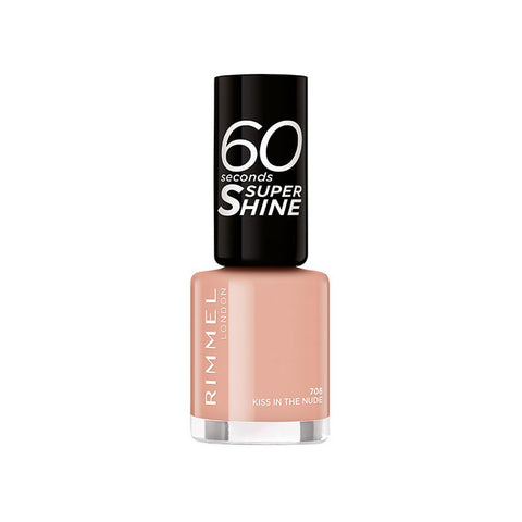 Rimmel 60 Seconds Super Shine lipstick in 708 Kiss In The Nude, with sleek packaging and smooth finish, by Jag Couture London New York.