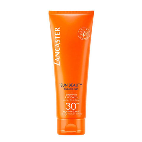 Jag Couture London Lancaster Sun Beauty Body Milk SPF30 in 250ml bottle, shown with smooth, sun-protected skin.