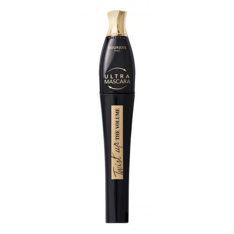 Jag Couture London New York Bourjois Bj Masc Twist Up The Volume Ultrabrown mascara wand with brown bristles and product packaging.