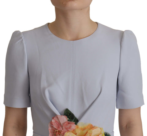 Blue floral applique midi viscose dress by Dolce & Gabbana, featuring a flowing silhouette and intricate floral detailing.
