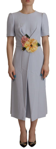 Blue floral applique midi viscose dress by Dolce & Gabbana, featuring elegant floral embroidery and flowing fabric.
