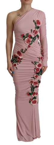 Pink Dolce & Gabbana one shoulder dress with floral embellishments and elegant design, displayed on a mannequin.