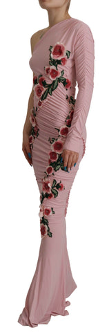 Pink flower-embellished one-shoulder dress by Dolce & Gabbana, featuring floral details and elegant design.